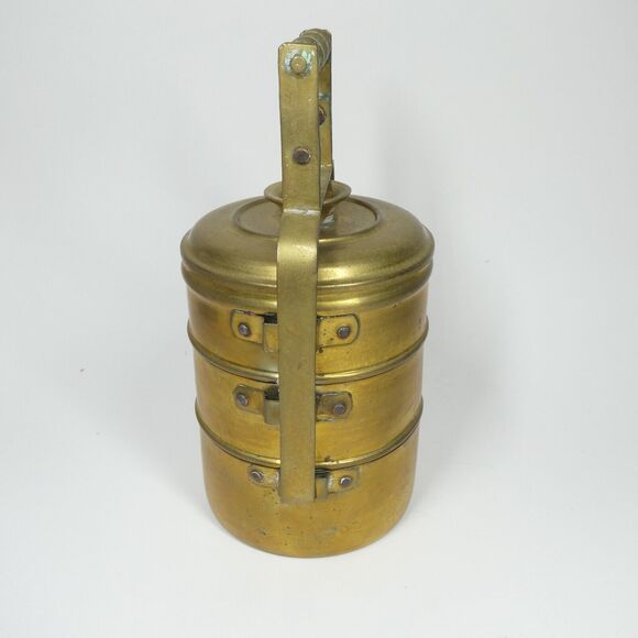 Tiffin Box Indian Brass Vintage Food Carrier 3 Compartment Stacking w/Handle - Picture 2 of 12